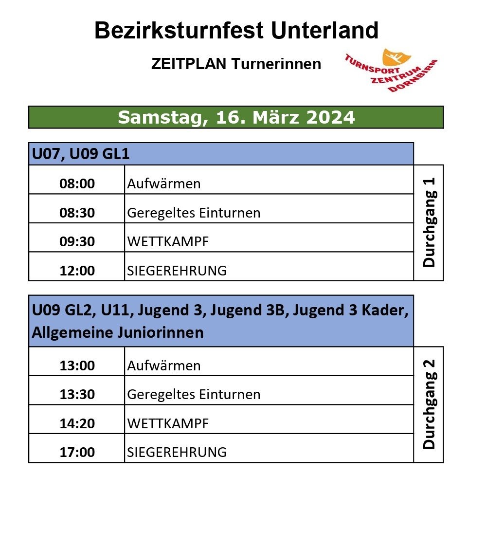 Bezirksturnfest Unterland- Zeitplan und Riegeneinteilung