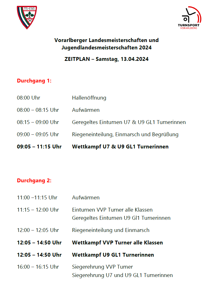 Landesmeisterschaft und Jugend-Landesmeisterschaft Kunstturnen - Zeitplan