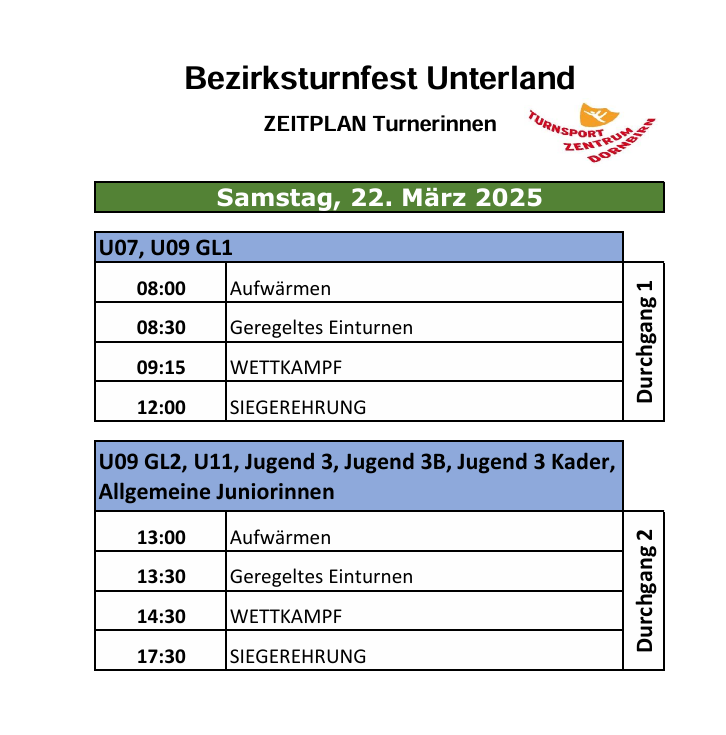 Bezirksturnfest Unterland- Zeitplan und Riegeneinteilung