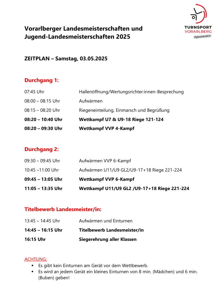 Landesmeisterschaft und Jugend-Landesmeisterschaft Kunstturnen - Zeitplan & Infos