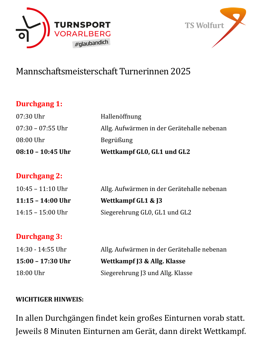 Vorarlberger Mannschaftsmeisterschaft - Zeitplan & Riegeneinteilung