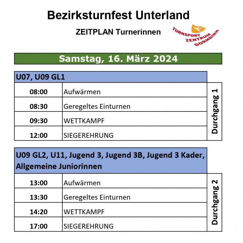 Bezirksturnfest Unterland- Zeitplan und Riegeneinteilung