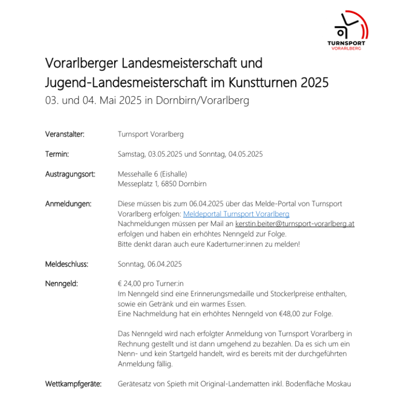 Landesmeisterschaft und Jugend-Landesmeisterschaft im Kunstturnen 2025 - Ausschreibung