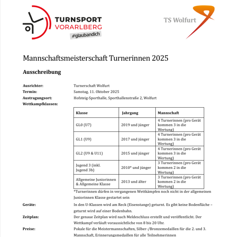 Mannschaftsmeisterschaft Turnerinnen 2025 - Ausschreibung